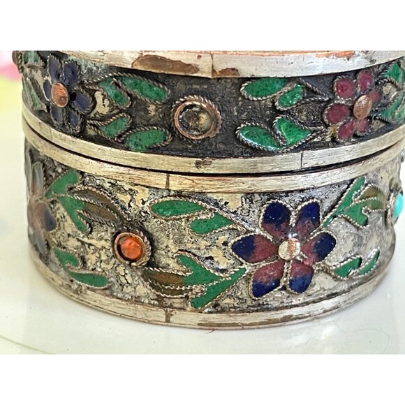 Antique Chinese Trinket Box Enamel Flowers Carved Tigers Eye Flower - Picture 12 of 14